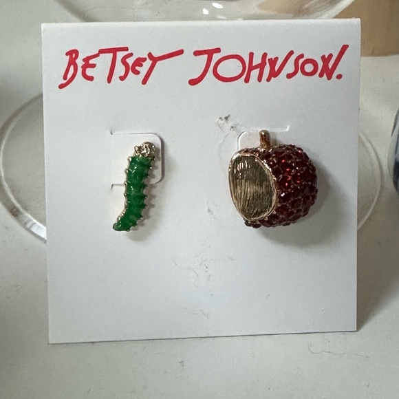 New Betsey Johnson caterpillar worm red rhinestone apple mismatch earrings - Picture 2 of 5